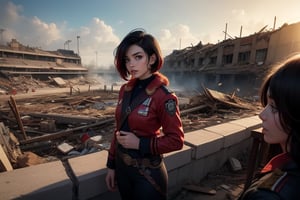 masterpiece,best quality, highly detailed, ruby_rose, very short black hair with red highlights, looking_at_viewer, ((cowboy shot)), wearing military uniform, standing with military officers from different countries, standing in collapsed stadium, bonfire, small crowd, rubble, burst waterpipe, post-apocalypse, dystopian future,  poakl