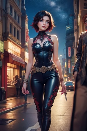 masterpiece,best quality, highly detailed, ruby_rose,1girl,solo,looking_at_viewer, cowboy shot, walking, in futuristic city street, night, stars, poakl