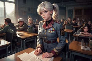 masterpiece,best quality, highly detailed, weiss schnee, scar across eye, long white hair, side ponytail, cowboy shot, ((she is wearing a military uniform, sitting next to female officer)), sitting on chairs, looking at lecturer in collapsed school building, classroom, desks, bonfire, rubble, other officers present, crowd, post-apocalypse, dystopian future, (volumetric lighting), intricate details, tonemapping, sharp focus, hyper detailed poakl,