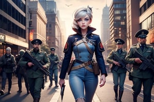  masterpiece,best quality, highly detailed, weiss schnee,1girl,solo,scar across eye,  cowboy shot, wearing military uniform, walking with fellow officer in cityscape, other military officers with weapons (volumetric lighting), intricate details, tonemapping, sharp focus, hyper detailed poakl, 