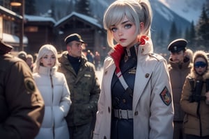 masterpiece,best quality, highly detailed, weiss schnee, scar across eye, long white hair, side ponytail, cowboy shot, she is wearing a white coat over military uniform, standing with black haired female officer on snow covered mountain slope, near ski lodge, other military officers are present, crowd, (volumetric lighting), intricate details, tonemapping, sharp focus, hyper detailed poakl,