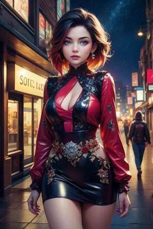 masterpiece,best quality, highly detailed, ruby_rose,1girl,solo,looking_at_viewer, cowboy shot, walking, in futuristic city street, night, stars, poakl