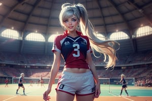 masterpiece,best quality, highly detailed, weiss schnee, looking at viewer, scar across eye, long white hair, side ponytail, smile, cowboy shot, (she is standing on vollyball court, inside sport stadium (standing with team)), crowd, (volumetric lighting), intricate details, tonemapping, sharp focus, hyper detailed poakl,