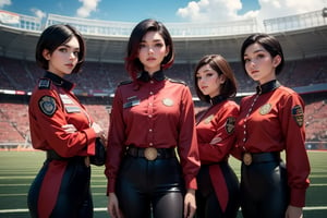 masterpiece,best quality, highly detailed, ruby_rose, very short black hair with red highlights, looking_at_viewer, ((cowboy shot)), wearing military uniform, standing with 3 fellow female officers, standing in stadium, small crowd, spectators, poakl