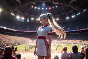 masterpiece,best quality, highly detailed, weiss schnee, looking at viewer, scar across eye, long white hair, side ponytail, smile, cowboy shot, (she is standing inside sport stadium (standing with 4 women)), crowd, (volumetric lighting), intricate details, tonemapping, sharp focus, hyper detailed poakl,