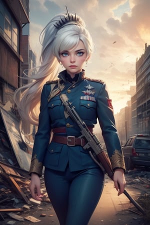  masterpiece,best quality, highly detailed, (weiss schnee, scar across eye, wearing military uniform), (cowboy shot), looking at viewer, walking  in post apocalypse city, future urban, buildings in ruins, debris, bonfire, crowd, military officers on patrol, (volumetric lighting), intricate details, tonemapping, sharp focus, hyper detailed poakl, 