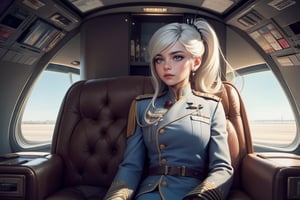 masterpiece,best quality, highly detailed, weiss schnee, scar across eye, long white hair, side ponytail, cowboy shot, she is wearing a military uniform, sitting with military officer in private jet,  other military officers are present (volumetric lighting), intricate details, tonemapping, sharp focus, hyper detailed poakl,