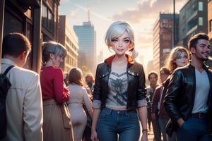 masterpiece,best quality, highly detailed, weiss schnee, scar across eye, long white hair, side ponytail, cowboy shot, smiling, looking at viewer, she is wearing casual clothes, standing next to friends, cityscape, crowd, (volumetric lighting), intricate details, tonemapping, sharp focus, hyper detailed poakl,