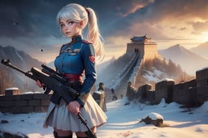 masterpiece,best quality, highly detailed, weiss schnee, scar across eye, long white hair, side ponytail, cowboy shot, she is armed and  wearing a military uniform, next to female officer who has short black hair, standing on snow covered great wall of china, other military officers are present, crowd, (volumetric lighting), intricate details, tonemapping, sharp focus, hyper detailed poakl,