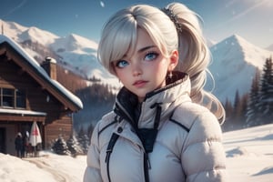 masterpiece,best quality, highly detailed, weiss schnee, scar across eye, long white hair, side ponytail, cowboy shot, she is wearing a white coat over military uniform,  on snow covered mountain slope, near ski lodge, other military officers are present, crowd, (volumetric lighting), intricate details, tonemapping, sharp focus, hyper detailed poakl,