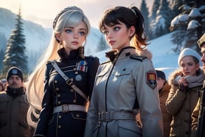 masterpiece,best quality, highly detailed, weiss schnee, scar across eye, long white hair, side ponytail, cowboy shot, she is wearing a white coat over military uniform, standing with black haired female officer on snow covered mountain slope, near ski lodge, other military officers are present, crowd, (volumetric lighting), intricate details, tonemapping, sharp focus, hyper detailed poakl,