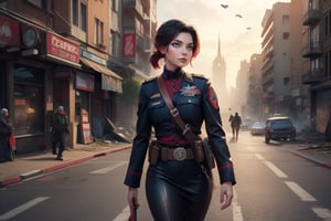 masterpiece,best quality, highly detailed, ruby_rose, looking_at_viewer, ((cowboy shot)), wearing military uniform, walking, with white haired female military officer, officer with long white ponytail, in cityscape,  female military on street, post-war ruins in distance, bonfire, post-apocalypse, dystopian future, poakl