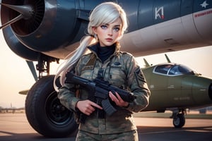 masterpiece,best quality, highly detailed, weiss schnee, scar across eye, long white hair, side ponytail, cowboy shot, she is wearing a military uniform, standing with female military officer in front of private jet,  other military officers are present (volumetric lighting), intricate details, tonemapping, sharp focus, hyper detailed poakl,