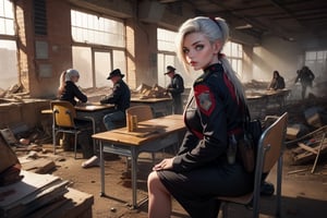 masterpiece,best quality, highly detailed, ruby_rose, looking_at_viewer, ((cowboy shot)),sitting with white haired female military officer, (officer with long white ponytail), other officers, sitting in collapsed school buildings, desks, bonfire, rubble, post-apocalypse, dystopian future,  poakl