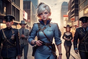  masterpiece,best quality, highly detailed, weiss schnee,1girl,solo,scar across eye,  cowboy shot, wearing military uniform, walking with fellow officer in cityscape, (volumetric lighting), intricate details, tonemapping, sharp focus, hyper detailed poakl, 