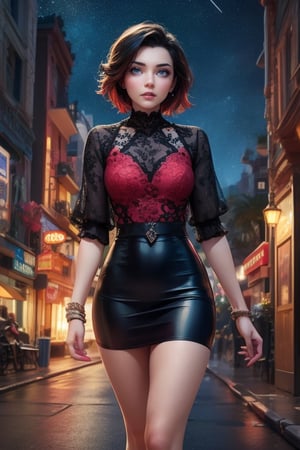 masterpiece,best quality, highly detailed, ruby_rose,1girl,solo,looking_at_viewer, cowboy shot, walking, in futuristic city street, night, stars, poakl