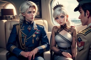 masterpiece,best quality, highly detailed, weiss schnee, scar across eye, long white hair, side ponytail, cowboy shot, she is wearing a military uniform, sitting with military officer in private jet,  other military officers are present (volumetric lighting), intricate details, tonemapping, sharp focus, hyper detailed poakl,