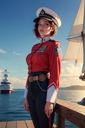 masterpiece,best quality, highly detailed, ruby_rose, looking_at_viewer, ((cowboy shot)), wearing military uniform, standing on pier, next to futuristic yacht, other military officers, poakl