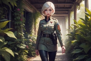  masterpiece,best quality, highly detailed, weiss schnee,1girl,solo,scar across eye,  cowboy shot, wearing khaki military uniform, walking with fellow officer in tropical rainforest, lush vegitation, disused building,  other military officers with weapons (volumetric lighting), intricate details, tonemapping, sharp focus, hyper detailed poakl, 