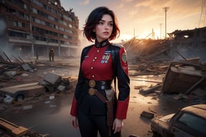 masterpiece,best quality, highly detailed, ruby_rose, very short black hair with red highlights, looking_at_viewer, ((cowboy shot)), wearing military uniform, standing with military officers from different countries, standing in collapsed stadium, bonfire, small crowd, rubble, burst waterpipe, post-apocalypse, dystopian future,  poakl