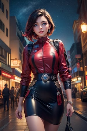 masterpiece,best quality, highly detailed, ruby_rose,1girl,solo,looking_at_viewer, cowboy shot, walking, in futuristic city street, night, stars, poakl