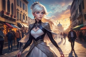  masterpiece,best quality, highly detailed, weiss schnee,1girl,solo,scar across eye,  cowboy shot, walking in venice, italy, crowd, (volumetric lighting), intricate details, tonemapping, sharp focus, hyper detailed poakl, 