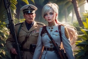  masterpiece,best quality, highly detailed, weiss schnee, scar across eye, long white hair, side ponytail, cowboy shot, she is wearing a military uniform, walking with military officer in tropical rainforest, lush vegitation, disused building,  other military officers are present with weapons (volumetric lighting), intricate details, tonemapping, sharp focus, hyper detailed poakl, 