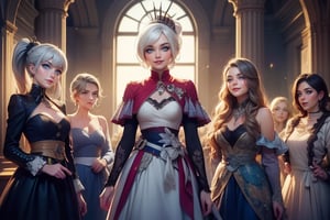 masterpiece,best quality, highly detailed, weiss schnee, looking at viewer, scar across eye, long white hair, side ponytail, smile, cowboy shot, (she is standing inside townhall, (standing with 4 women)), crowd, (volumetric lighting), intricate details, tonemapping, sharp focus, hyper detailed poakl,