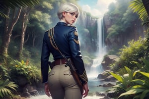  masterpiece,best quality, highly detailed, weiss schnee,scar across eye, viewer looking at her from behind, cowboy shot, wearing khaki military uniform, walking with fellow officer in tropical rainforest, lush vegitation, distant mountain, waterfall, other military officers with weapons (volumetric lighting), intricate details, tonemapping, sharp focus, hyper detailed poakl,