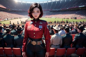 masterpiece,best quality, highly detailed, ruby_rose, very short black hair with red highlights, looking_at_viewer, ((cowboy shot)), wearing military uniform, standing with fellow female officers, standing in stadium, small crowd, spectators, poakl