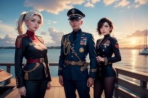 masterpiece,best quality, highly detailed, ruby_rose, looking_at_viewer, ((cowboy shot)), wearing military uniform, standing on pier, next to futuristic yacht, with white haired female military officer, officer with long white ponytail, other military officers, poakl