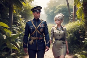  masterpiece,best quality, highly detailed, weiss schnee,1girl,solo,scar across eye,  cowboy shot, wearing khaki military uniform, walking with fellow officer in tropical rainforest, lush vegitation, disused building,  other military officers with weapons (volumetric lighting), intricate details, tonemapping, sharp focus, hyper detailed poakl, 