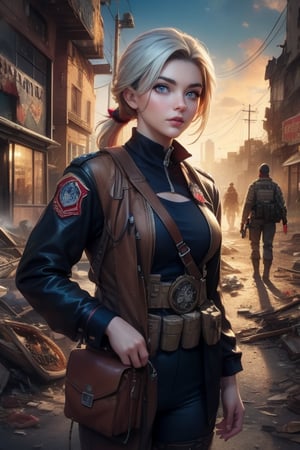 masterpiece,best quality, highly detailed, ruby_rose, looking_at_viewer, cowboy shot, standing, with white haired female military officer, officer with long white ponytail, in cityscape, inside wrecked store, female military on street, post-war ruins in distance, bonfire, post-apocalypse, dystopian future, poakl