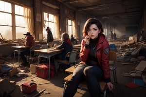 masterpiece,best quality, highly detailed, ruby_rose, looking_at_viewer, ((cowboy shot)), sitting with other female officers, sitting in collapsed school buildings, desks, bonfire, rubble, post-apocalypse, dystopian future,  poakl