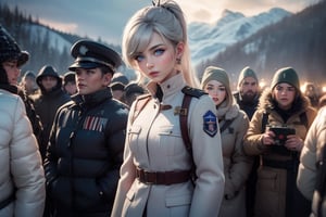 masterpiece,best quality, highly detailed, weiss schnee, scar across eye, long white hair, side ponytail, cowboy shot, she is wearing a white coat over military uniform, standing with female military officer on snow covered mountain slope, near ski lodge, other military officers are present, crowd, (volumetric lighting), intricate details, tonemapping, sharp focus, hyper detailed poakl,