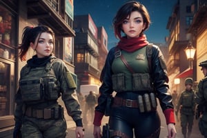 masterpiece,best quality, highly detailed, ruby_rose, looking_at_viewer,  cowboy shot, patrolling next to female military officer with white ponytail, in futuristic city street, night, stars, female military with weapons, poakl