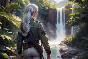  masterpiece,best quality, highly detailed, weiss schnee,scar across eye, viewer looking at her from behind, cowboy shot, wearing khaki military uniform, walking with fellow officer in tropical rainforest, lush vegitation, distant mountain, waterfall, other military officers with weapons (volumetric lighting), intricate details, tonemapping, sharp focus, hyper detailed poakl,