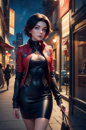 masterpiece,best quality, highly detailed, ruby_rose,1girl,solo,looking_at_viewer, cowboy shot, walking, in futuristic city street, night, stars, poakl