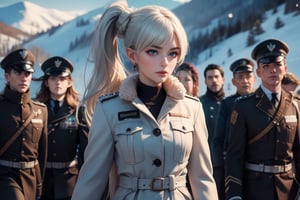 masterpiece,best quality, highly detailed, weiss schnee, scar across eye, long white hair, side ponytail, cowboy shot, she is wearing a white coat over military uniform, walking with black haired female officer on snow covered mountain slope, near ski lodge, other military officers are present, crowd, (volumetric lighting), intricate details, tonemapping, sharp focus, hyper detailed poakl,