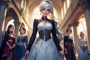 masterpiece,best quality, highly detailed, weiss schnee, looking at viewer, scar across eye, long white hair, side ponytail, smile, cowboy shot, (she is standing inside townhall, (standing with 4 women)), crowd, (volumetric lighting), intricate details, tonemapping, sharp focus, hyper detailed poakl,