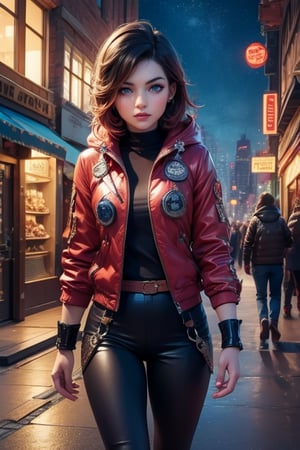 masterpiece,best quality, highly detailed, ruby_rose,1girl,solo,looking_at_viewer, cowboy shot, walking, in futuristic city street, night, stars, poakl