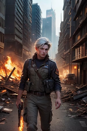  masterpiece,best quality, highly detailed, weiss schnee, scar across eye, wearing military uniform, (cowboy shot), looking at viewer, walking  in post apocalypse city, future urban, buildings in ruins, debris, bonfire, crowd, military officers on patrol, (volumetric lighting), intricate details, tonemapping, sharp focus, hyper detailed poakl, 