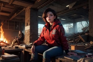 masterpiece,best quality, highly detailed, ruby_rose, looking_at_viewer, ((cowboy shot)), sitting with other female officers, sitting in collapsed school buildings, desks, bonfire, rubble, post-apocalypse, dystopian future,  poakl