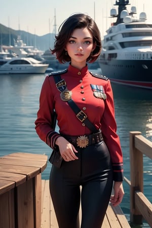 masterpiece,best quality, highly detailed, ruby_rose, looking_at_viewer, ((cowboy shot)), wearing military uniform, standing on pier, next to futuristic yacht, other military officers, poakl