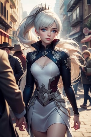  masterpiece,best quality, highly detailed, weiss schnee,1girl,solo,scar across eye,  cowboy shot, walking in cityscape, crowd, (volumetric lighting), intricate details, tonemapping, sharp focus, hyper detailed poakl, 