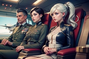 masterpiece,best quality, highly detailed, weiss schnee, scar across eye, long white hair, side ponytail, cowboy shot, she is wearing a military uniform, sitting with military officer in private jet,  other military officers are present (volumetric lighting), intricate details, tonemapping, sharp focus, hyper detailed poakl,