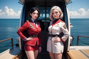 masterpiece,best quality, highly detailed, ruby_rose, looking_at_viewer, ((cowboy shot)), wearing military uniform, standing on pier, next to luxury yacht, with white haired female military officer, officer with long white ponytail, in private jet above the sea,  other military officers on jet, poakl