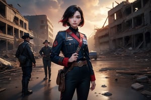 masterpiece,best quality, highly detailed, ruby_rose, very short black hair with red highlights, looking_at_viewer, ((cowboy shot)), wearing military uniform, standing with military officers from different countries, standing in collapsed stadium, bonfire, small crowd, rubble, burst waterpipe, post-apocalypse, dystopian future,  poakl