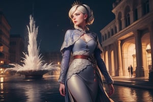  masterpiece,best quality, highly detailed, cowboy shot, weiss schnee,1girl,solo,scar across eye, walking with male guest in immense courtyard, near  fountain, crowd, (volumetric lighting), intricate details, tonemapping, sharp focus, hyper detailed poakl, 