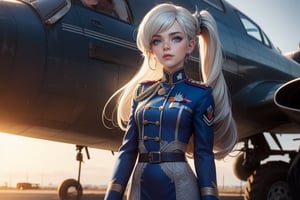 masterpiece,best quality, highly detailed, weiss schnee, scar across eye, long white hair, side ponytail, cowboy shot, she is wearing a military uniform, standing with female military officer in front of private jet,  other military officers are present (volumetric lighting), intricate details, tonemapping, sharp focus, hyper detailed poakl,